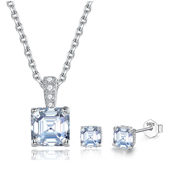 Platonic GRA Certified Radiant Royale Asscher Cut Silver Moissanite Pendant Set