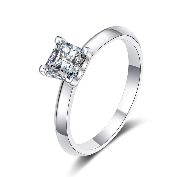 Platonic Rosalind Princess Cut Solitaire Moissanite Ring in Sterling Silver with Platinum Coating