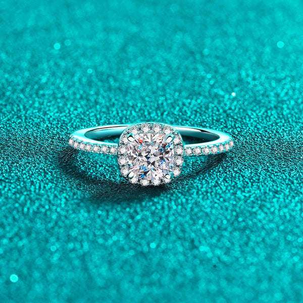 Platonic Cordelia Cushion Cut Solitaire Moissanite Ring in Sterling Silver with Platinum Coating
