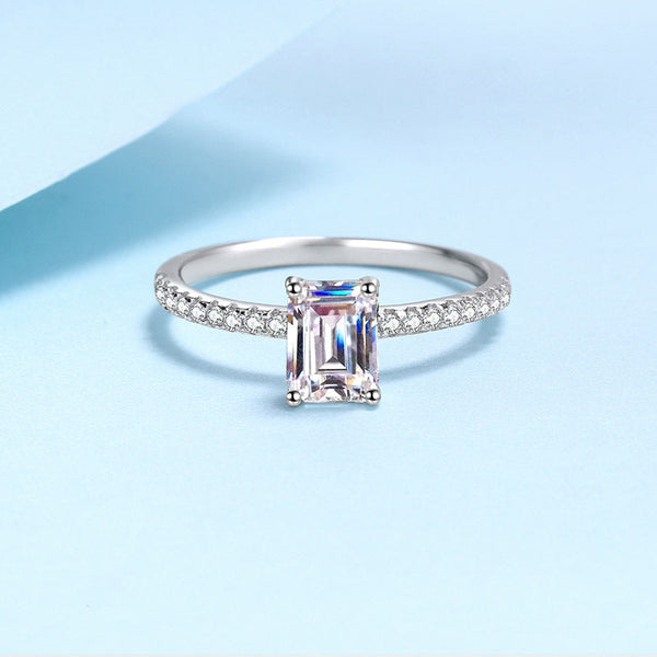 Platonic Seraphina Emerald Cut Solitaire Moissanite Ring in Sterling Silver with Platinum Coating