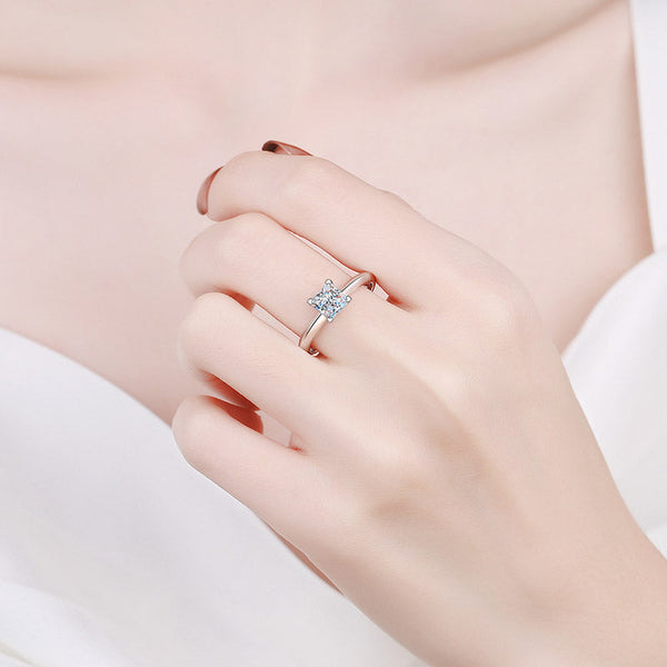 Platonic Rosalind Princess Cut Solitaire Moissanite Ring in Sterling Silver with Platinum Coating