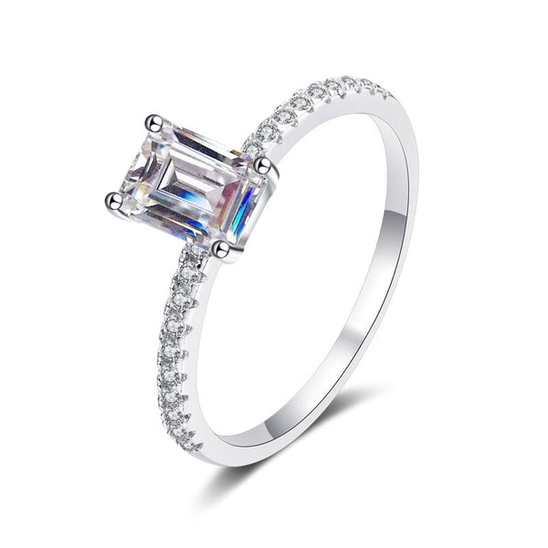 Platonic Seraphina Emerald Cut Solitaire Moissanite Ring in Sterling Silver with Platinum Coating