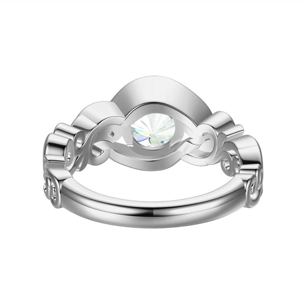 Exquisite Bezel Set Round Moissanite Engagement Ring with Elegant Scroll Accents