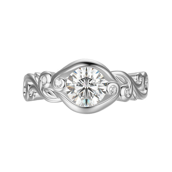 Exquisite Bezel Set Round Moissanite Engagement Ring with Elegant Scroll Accents
