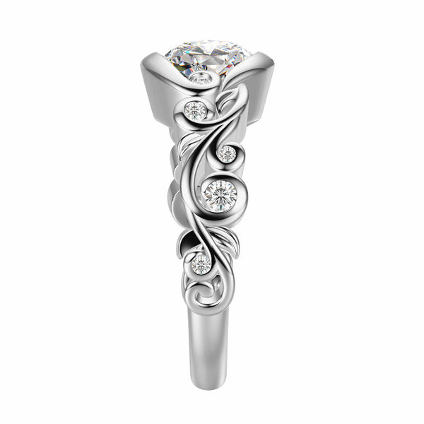 Exquisite Bezel Set Round Moissanite Engagement Ring with Elegant Scroll Accents
