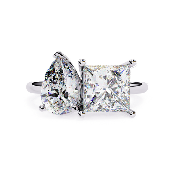 Platonic Pear and Princess solitaire toi et moi ring