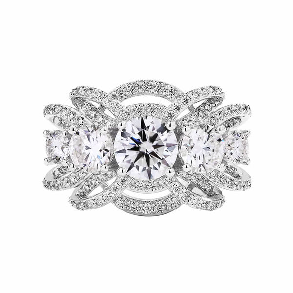 Exquisite Five Stone Round Moissanite Multi-Row Crossover Pave Engagement Ring - Dazzling Sparkle & Timeless Elegance