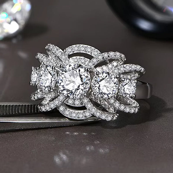 Exquisite Five Stone Round Moissanite Multi-Row Crossover Pave Engagement Ring - Dazzling Sparkle & Timeless Elegance