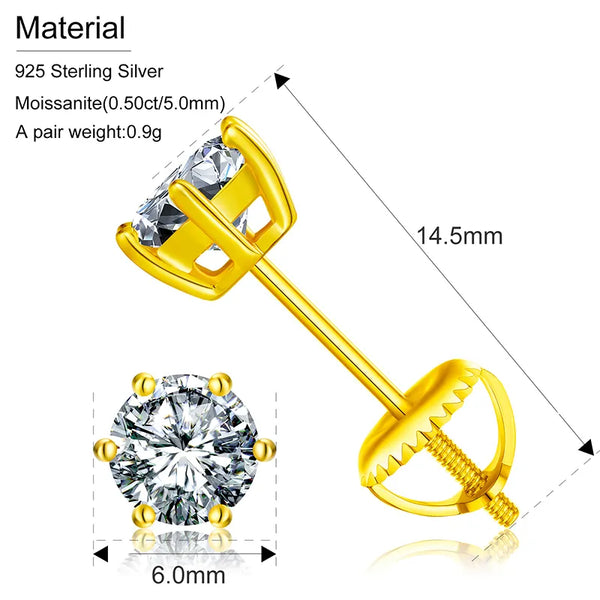 Platonic 18 K Gold Plated Round Moissanite Stud Earrings; 1 ct / pair