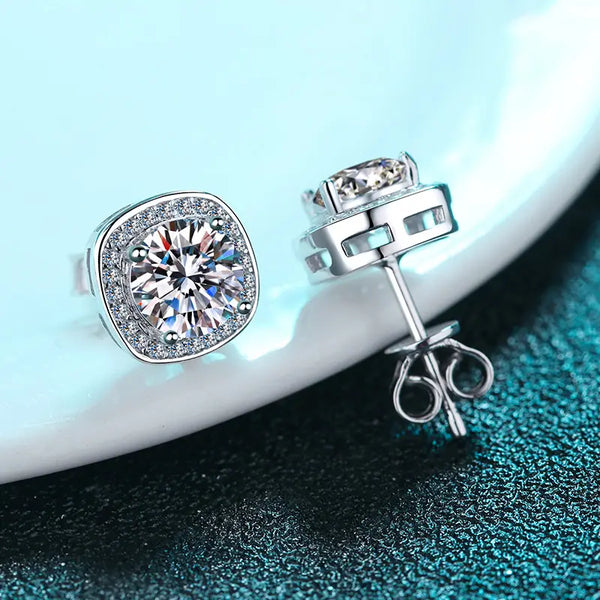Platonic 2 ct / pair Starlight Squared Halo Bliss Solitaire Studs Moissanite Earrings; Sterling Silver; GRA Certified; D VVS1