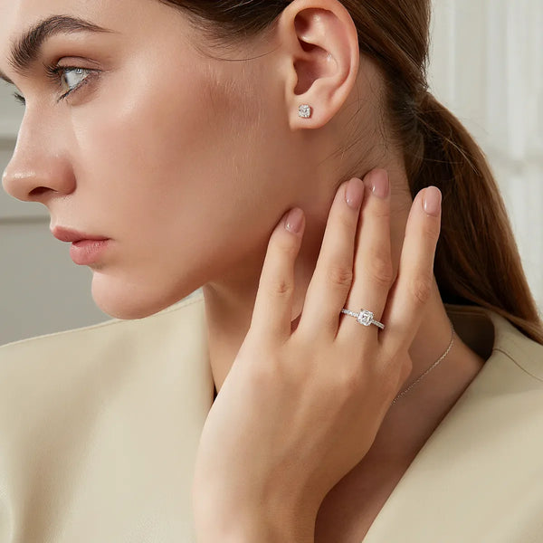 Platonic GRA Certified Radiant Royale Asscher Cut Silver Moissanite Pendant Set