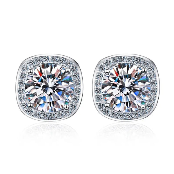 Platonic 2 ct / pair Starlight Squared Halo Bliss Solitaire Studs Moissanite Earrings; Sterling Silver; GRA Certified; D VVS1