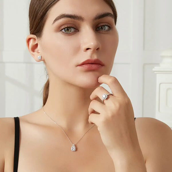 Platonic GRA Certified Starlit Glamour Round Cut Silver 1ct Moissanite Pendant Set with 1ct Earrings