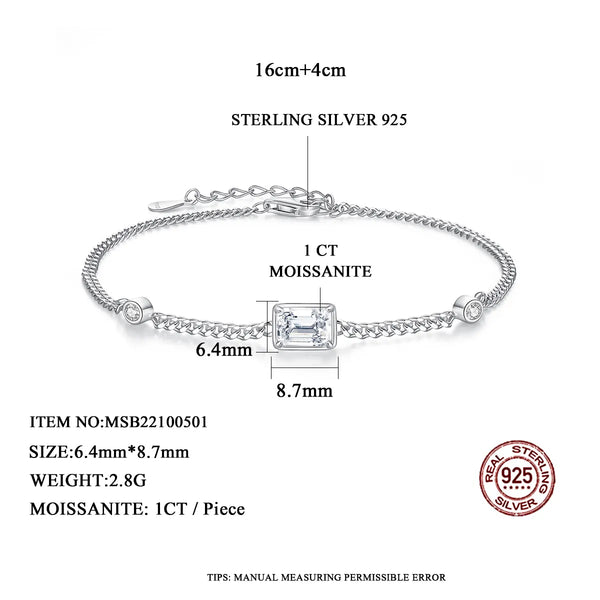 Platonic1 ct Emerald Cut 925 Sterling Silver Moissanite Adjustable Bracelet