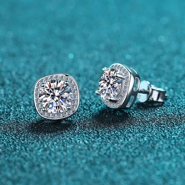 Platonic 2 ct / pair Starlight Squared Halo Bliss Solitaire Studs Moissanite Earrings; Sterling Silver; GRA Certified; D VVS1