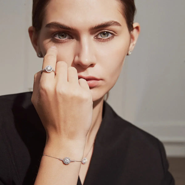 Platonic 1 ct Flower Pattern 925 Sterling Silver Adjustable Round Moissanite Bracelet