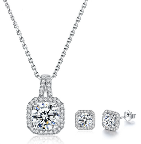 Platonic GRA Certified Starlit Glamour Round Cut Silver 1ct Moissanite Pendant Set with 1ct Earrings