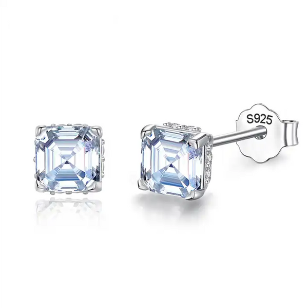 Platonic 1 ct Shimmer Square Moissanite Stud Earrings; Sterling Silver; GRA certified