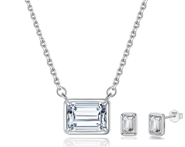 Platonic Crystal Clear Confidence Emerald Cut Moissanite Studs and Pendant