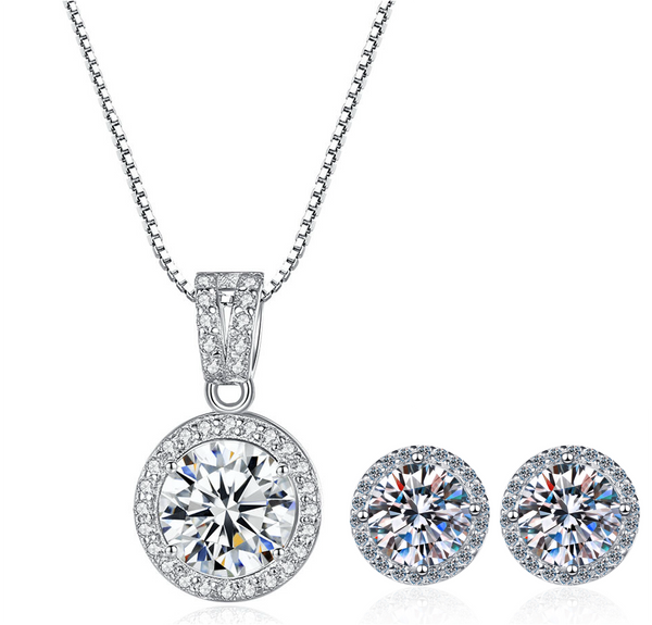 Platonic Halo Bliss Solitaire Moissanite Pendant and Studs