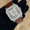 Platonic AUREVIAN automatic watch with a square stone-encrusted case, silver dial, and brown alligator leather strap.