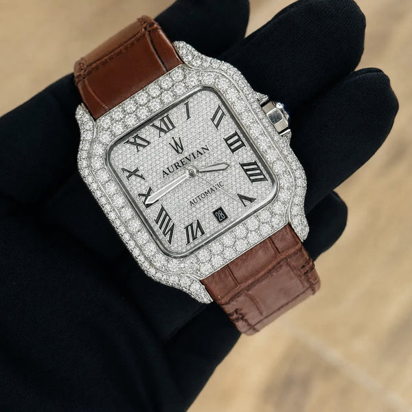 Platonic AUREVIAN automatic watch with a square stone-encrusted case, silver dial, and brown alligator leather strap.