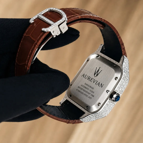 Platonic AUREVIAN automatic watch with stone-set square case, brown alligator-embossed leather strap, and steel clasp.