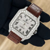 Platonic AUREVIAN automatic watch with a diamond-encrusted square case, silver dial, and brown alligator leather strap.