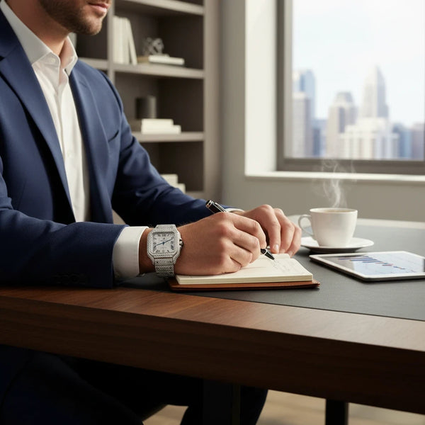Platonic AUREVIAN automatic luxury square wristwatch with pavé stones on a man in a blue suit writing at a desk.
