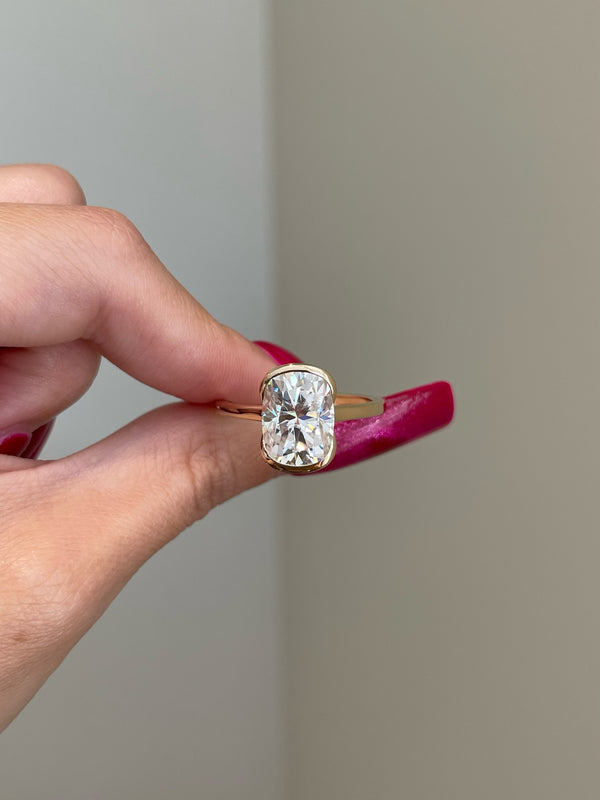 Platonic Cushion Cut Moissanite in Half Bezel Yellow Gold Engagement Ring