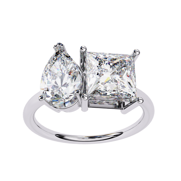 Platonic Pear and Princess solitaire toi et moi ring