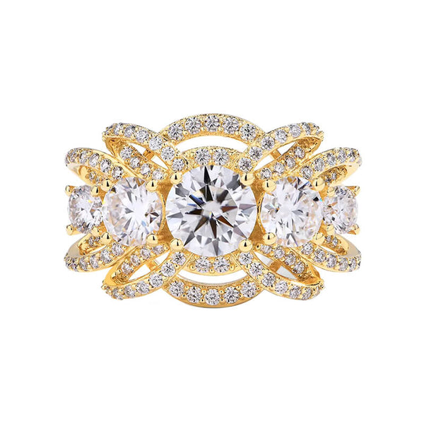 Exquisite Five Stone Round Moissanite Multi-Row Crossover Pave Engagement Ring - Dazzling Sparkle & Timeless Elegance