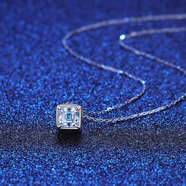 Platonic 1 ct Timeless Brilliance Asscher Cut Silver Moissanite Pendant and 1 ct Earrings with GRA Certificate; D VVS1