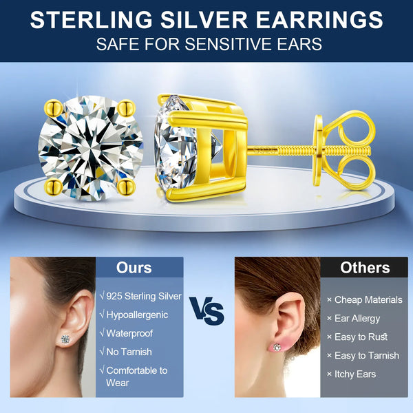 Platonic 18 K Gold Plated Golden Radiance Moissanite Stud Earrings; 1 - 6 ct, D VVS1