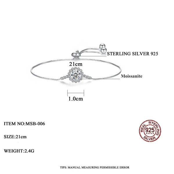 Platonic 1 ct Flower Pattern 925 Sterling Silver Adjustable Round Moissanite Bracelet