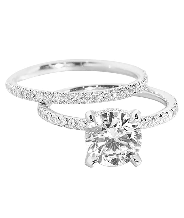 Platonic Set OF 2 Brilliant Oval Cut Moissanite 4-Prong Hidden Halo 2.5mm Space Pavé Moissanite Engagement Ring