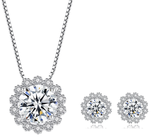 Platonic GRA Certified Frosted Halo Round Cut Silver 1ct Moissanite Pendant Set with 1ct Earrings