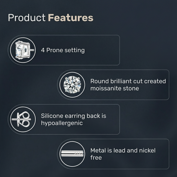 Platonic 1 - 2 ct Solitaire Round Cut Moissanite Stud Earrings D/VVS1