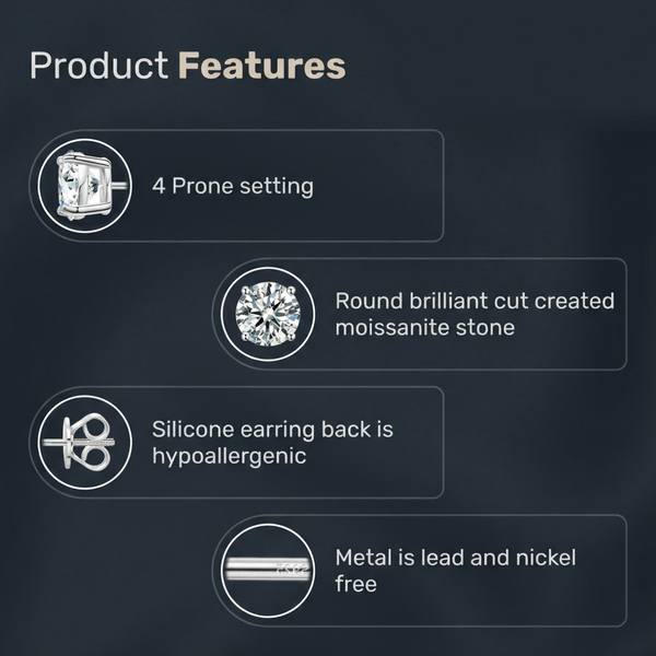Platonic 1 ct Solitaire Round Cut Moissanite Stud Earrings D/VVS1
