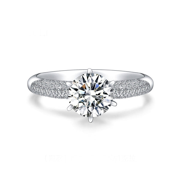 Solitaire Round Moissanite Five Rows Pave Engagement Ring