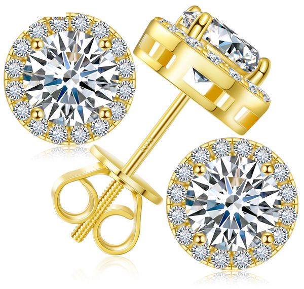 Platonic 18 K Gold Plated Round Halo Moissanite Stud Earrings; 1 - 6 ct / pair