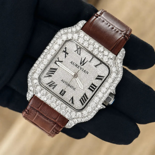 Platonic AUREVIAN automatic watch with a diamond-encrusted square case, silver dial, and brown alligator leather strap.