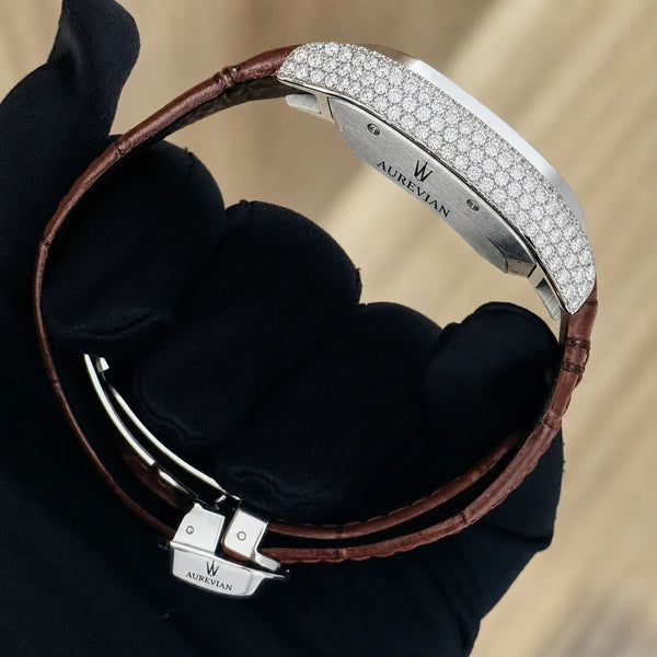 Platonic AUREVIAN automatic watch with a stone-encrusted square case and brown alligator-embossed leather strap