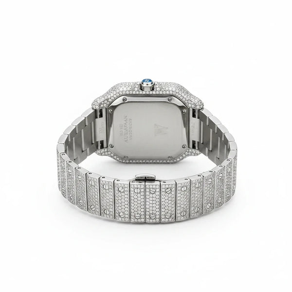 Back view of a Platonic AUREVIAN luxury square wristwatch with an iced-out stainless steel case and pavé bracelet.