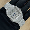 Platonic AUREVIAN automatic luxury square watch with a fully iced-out stainless steel case, bracelet, and blue hands.