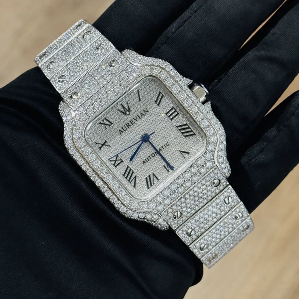 Platonic AUREVIAN automatic luxury square watch with a fully iced-out stainless steel case, bracelet, and blue hands.