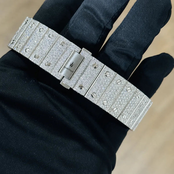 Platonic AUREVIAN automatic watch featuring an iced-out stainless steel bracelet with pavé stones and deployment clasp.