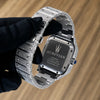 Platonic AUREVIAN automatic watch with iced-out square case and stainless steel bracelet, showing the engraved caseback.