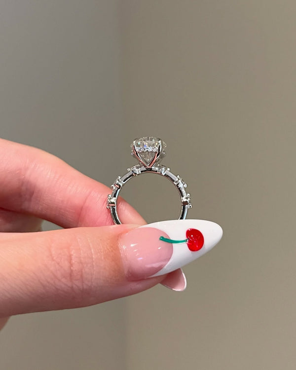 Platonic Brilliant Oval Cut Moissanite 4-Prong Hidden Halo 2.5mm Space Pavé Moissanite Engagement Ring